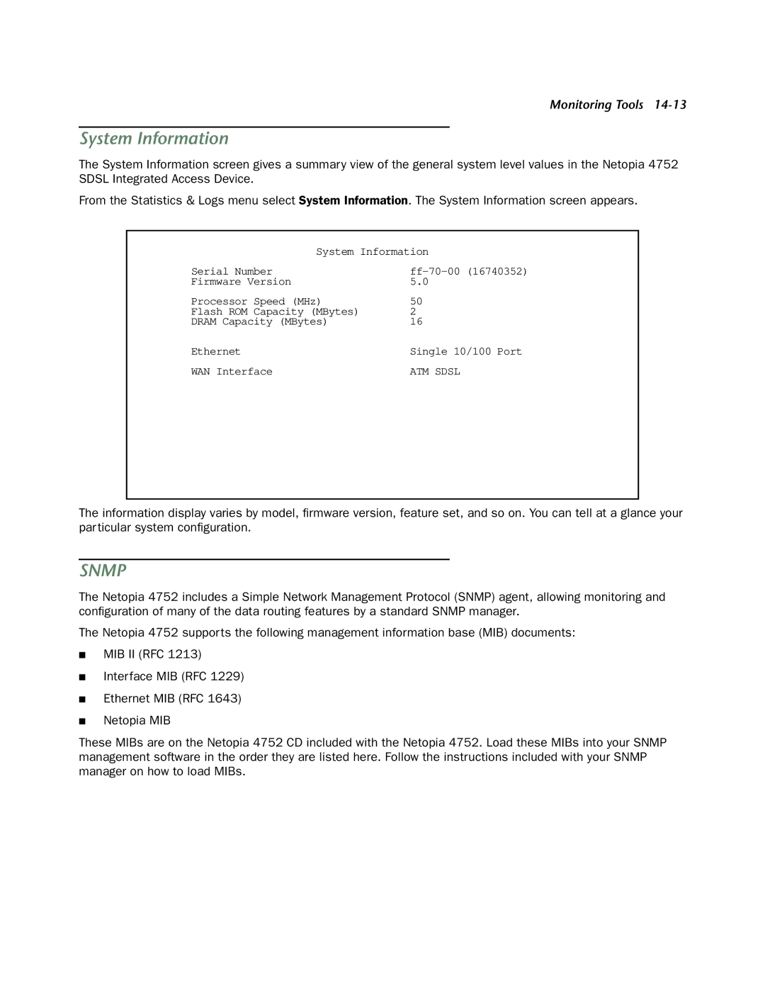 Netopia 4752 manual System Information, Snmp 