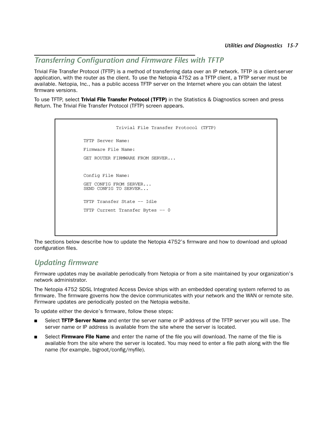 Netopia 4752 manual Transferring Conﬁguration and Firmware Files with Tftp, Updating ﬁrmware 