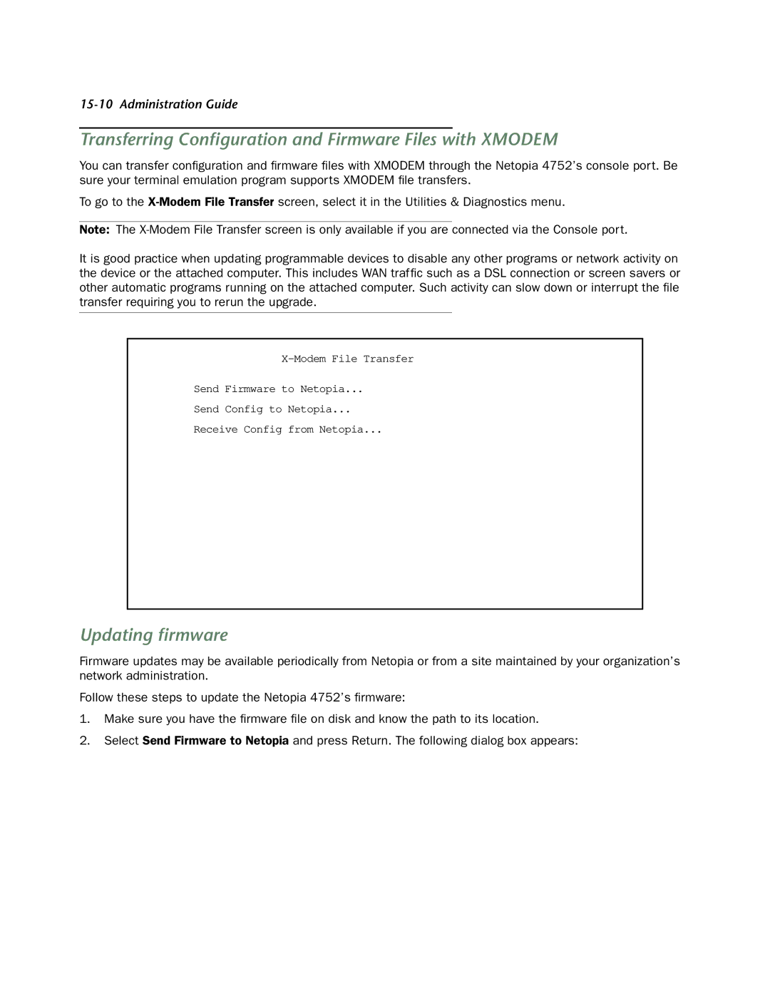 Netopia 4752 manual Transferring Conﬁguration and Firmware Files with Xmodem, Updating ﬁrmware 