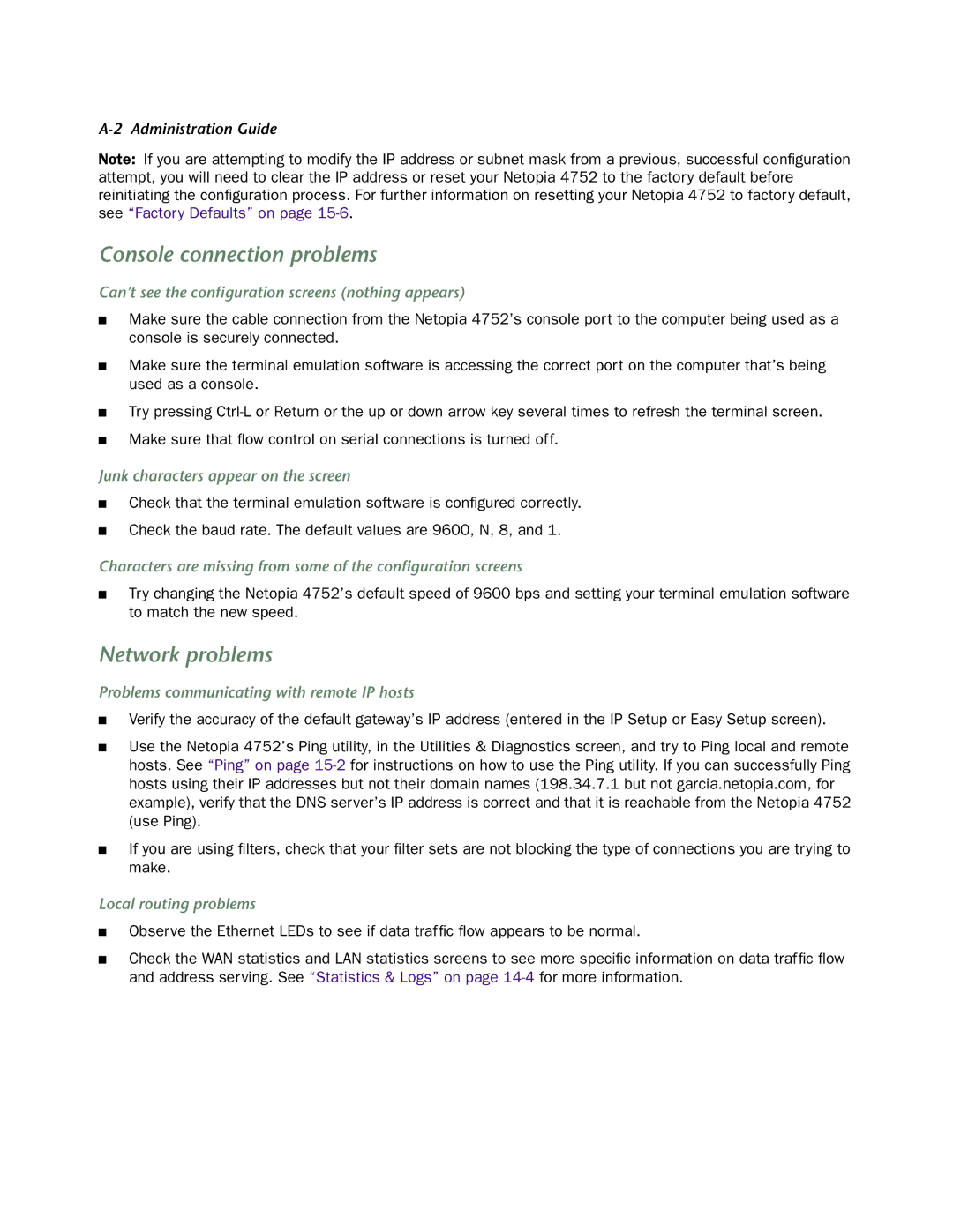 Netopia 4752 manual Console connection problems, Network problems 