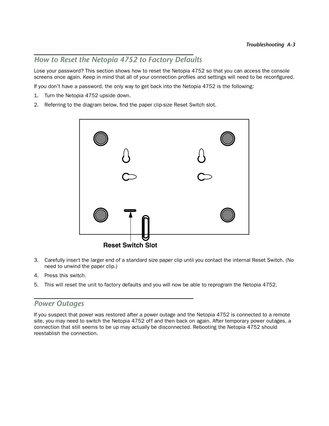 Netopia manual How to Reset the Netopia 4752 to Factory Defaults, Power Outages 