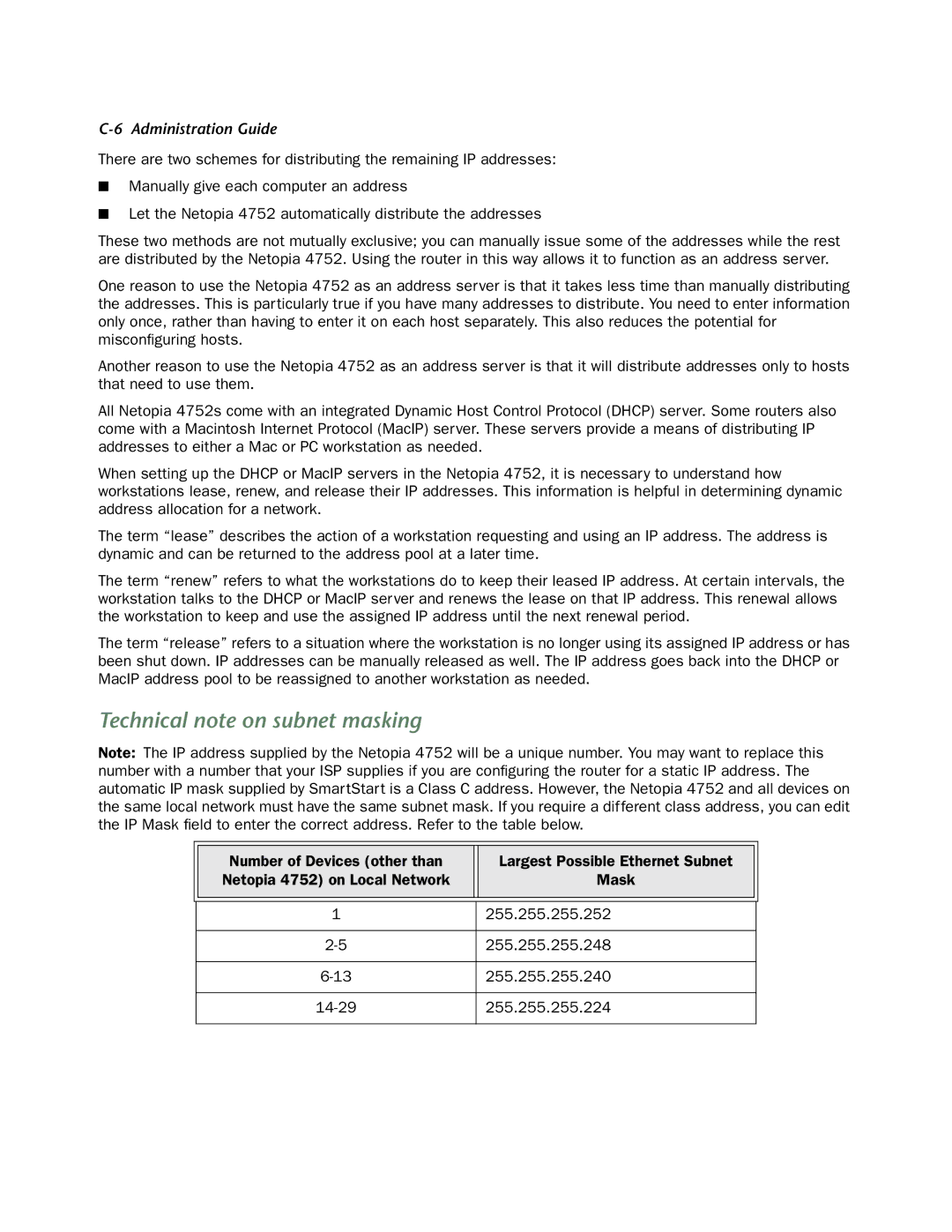 Netopia 4752 manual Technical note on subnet masking, 255.255.255.224 