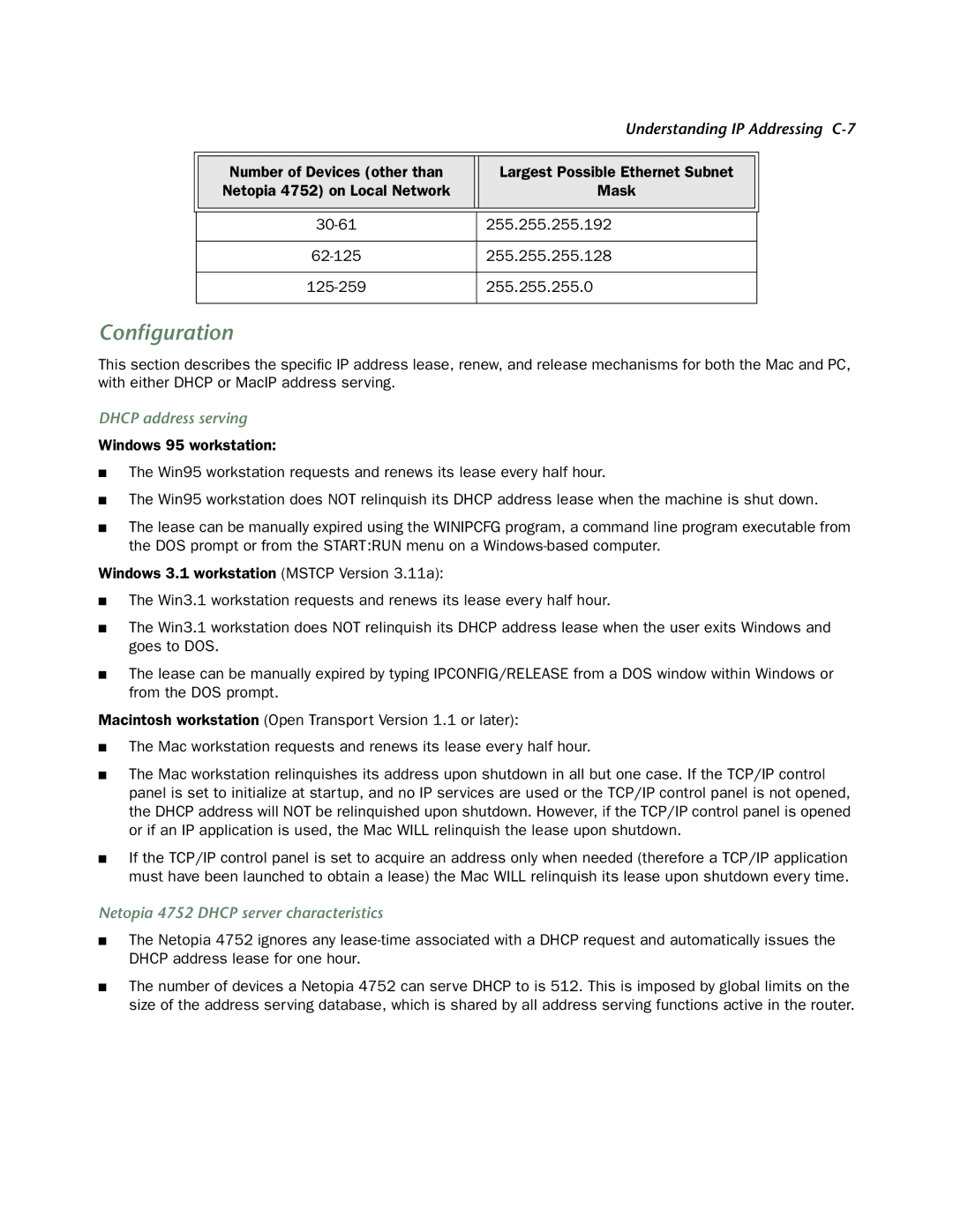 Netopia manual Dhcp address serving, Netopia 4752 Dhcp server characteristics 