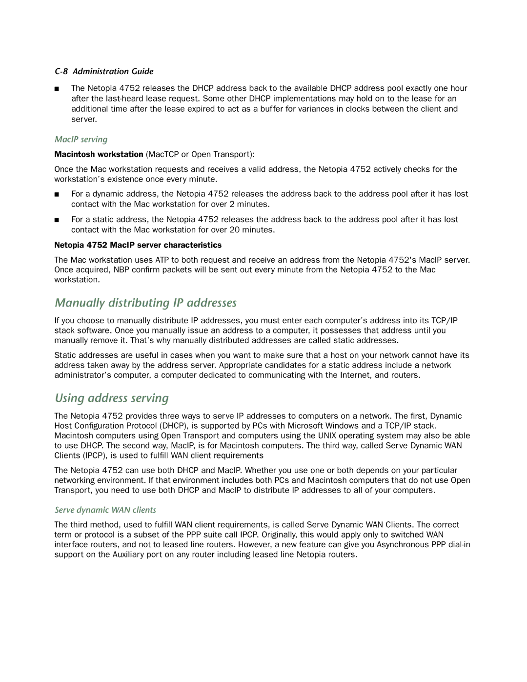 Netopia 4752 manual Manually distributing IP addresses, Using address serving, MacIP serving, Serve dynamic WAN clients 