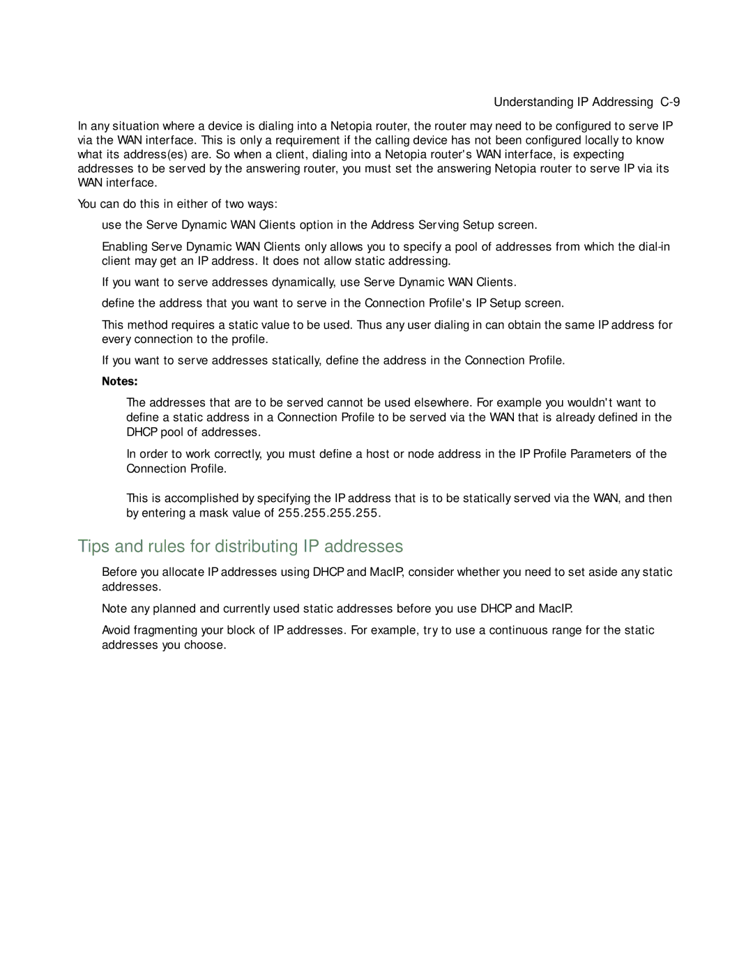 Netopia 4752 manual Tips and rules for distributing IP addresses, Understanding IP Addressing C-9 