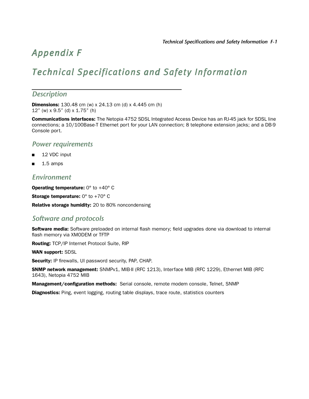 Netopia 4752 Appendix F Technical Specifications and Safety Information, Description, Power requirements, Environment 