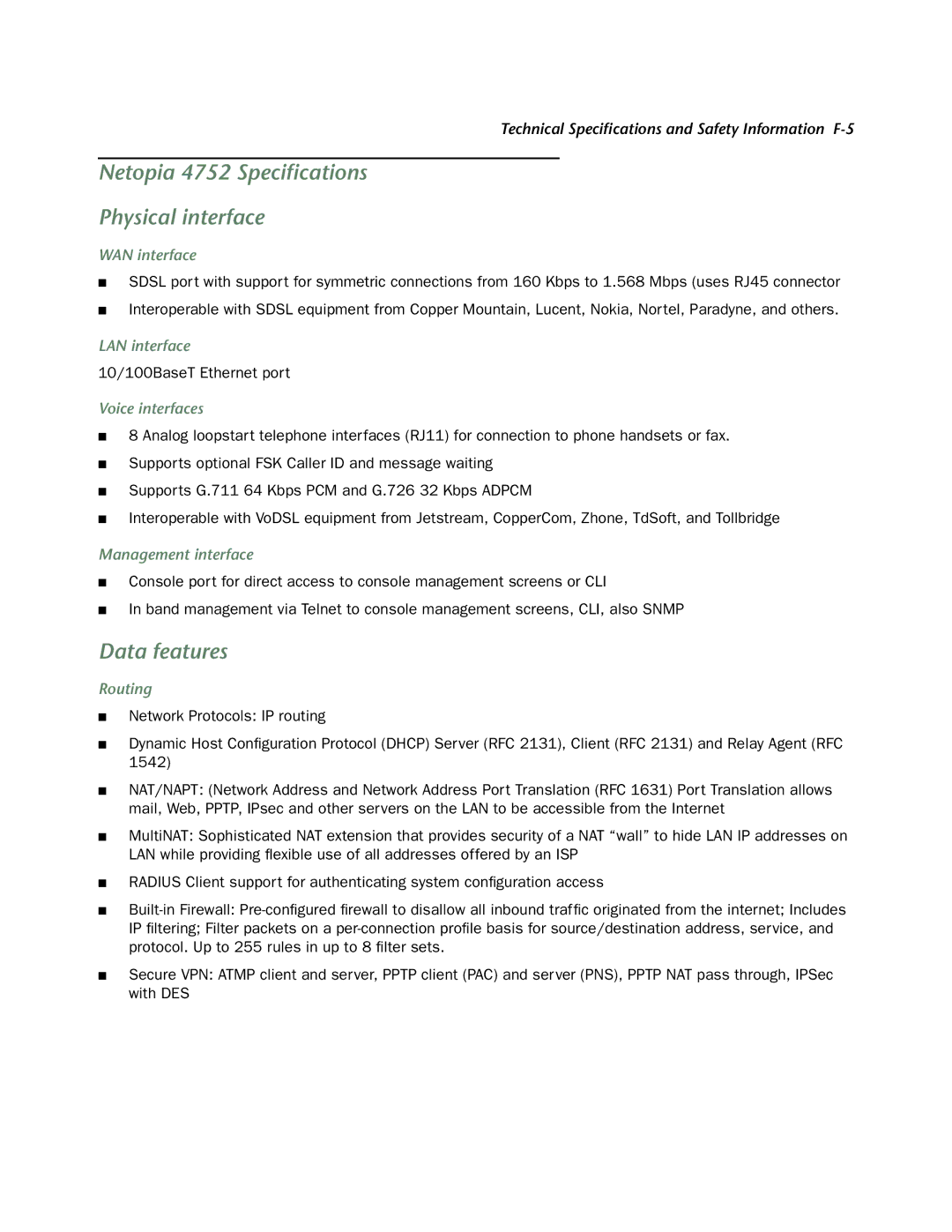 Netopia manual Netopia 4752 Speciﬁcations Physical interface, Data features 