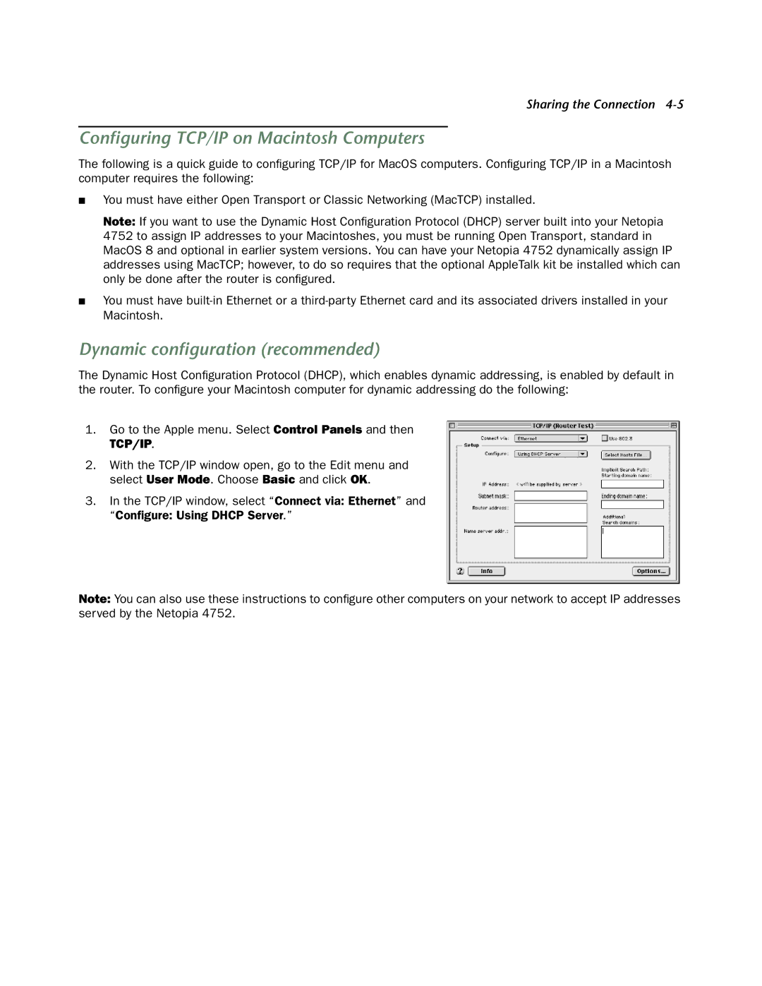 Netopia 4752 manual Conﬁguring TCP/IP on Macintosh Computers, Tcp/Ip 