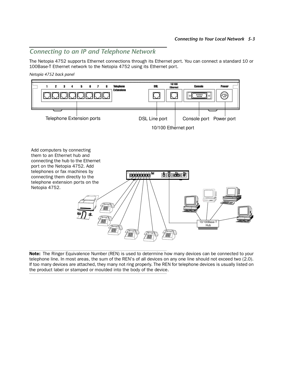 Netopia 4752 manual Connecting to an IP and Telephone Network, Telephone Extension ports 