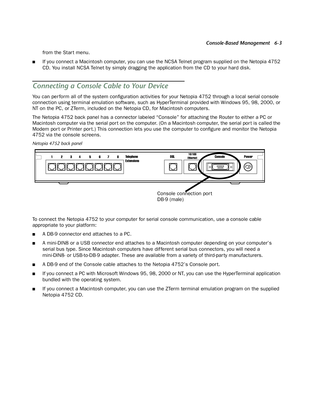 Netopia 4752 manual Connecting a Console Cable to Your Device 