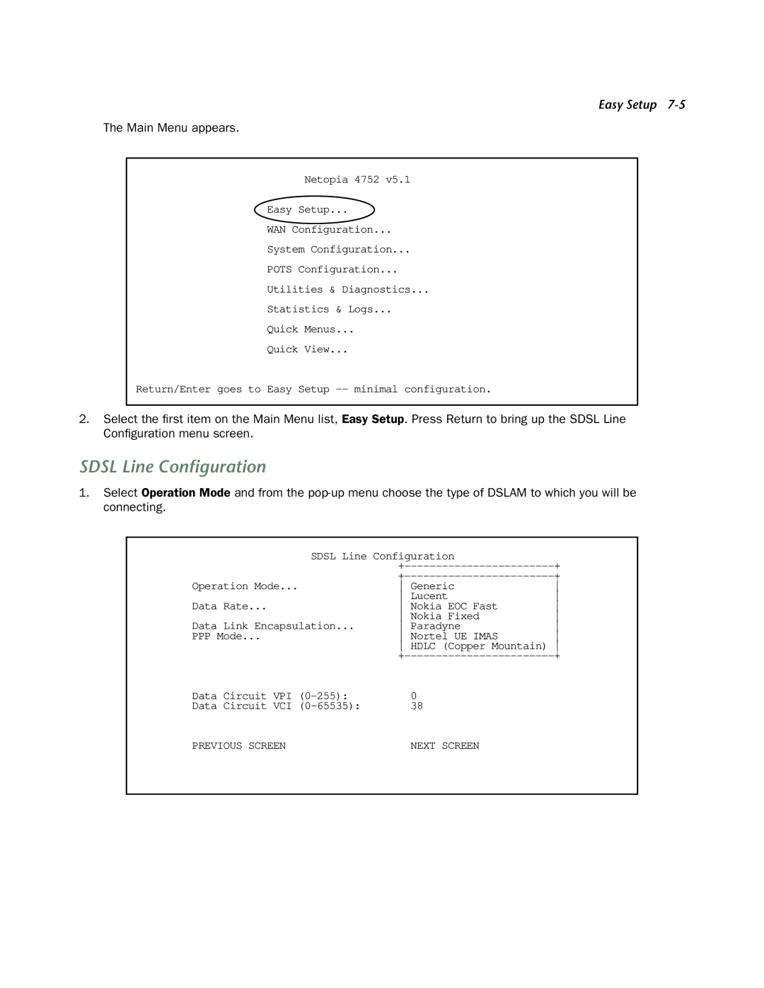 Netopia 4752 manual Sdsl Line Conﬁguration, Main Menu appears 