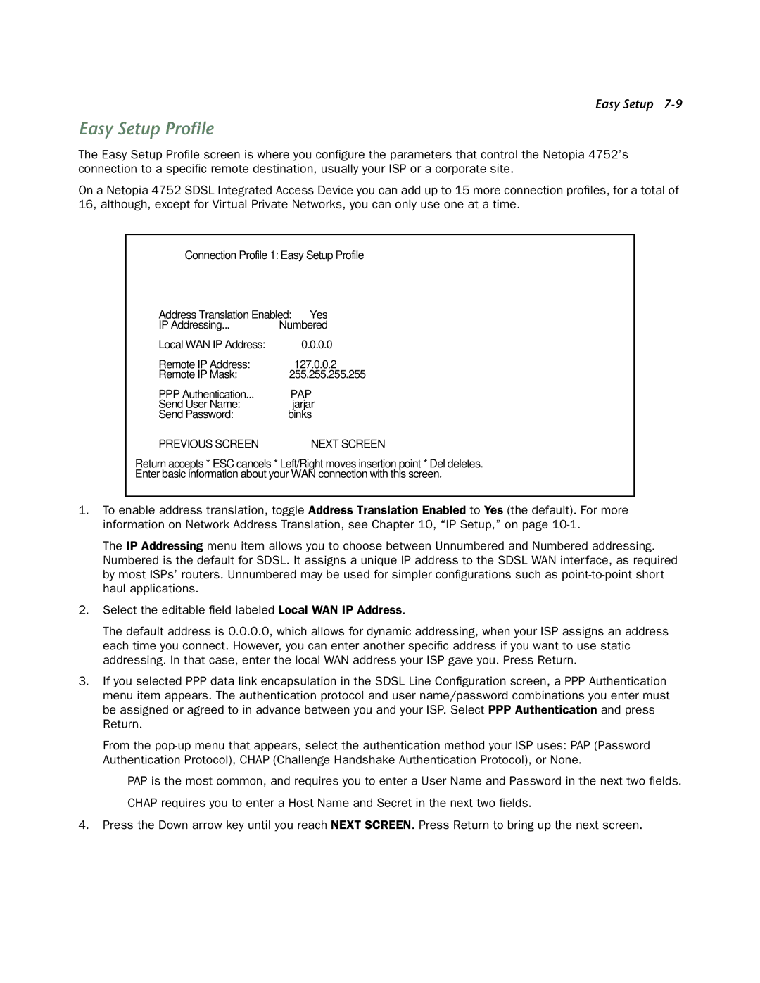 Netopia 4752 manual Easy Setup Proﬁle 