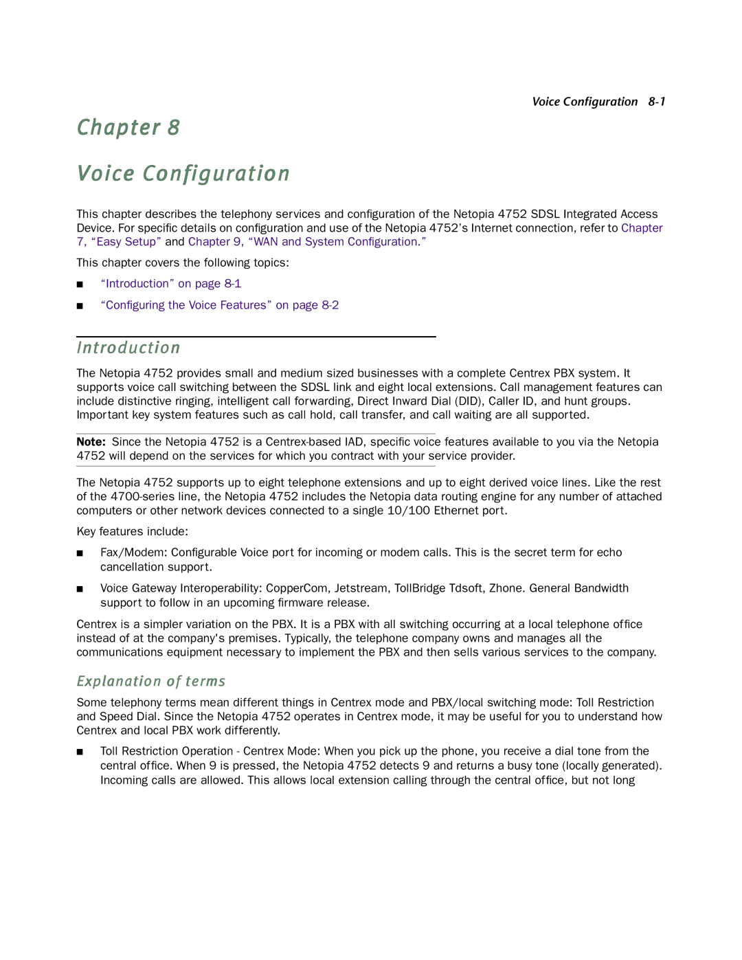 Netopia 4752 manual Chapter Voice Configuration, Introduction 