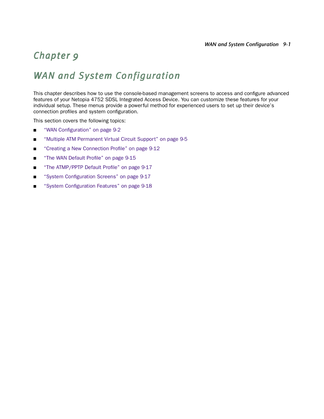 Netopia 4752 manual Chapter WAN and System Configuration 