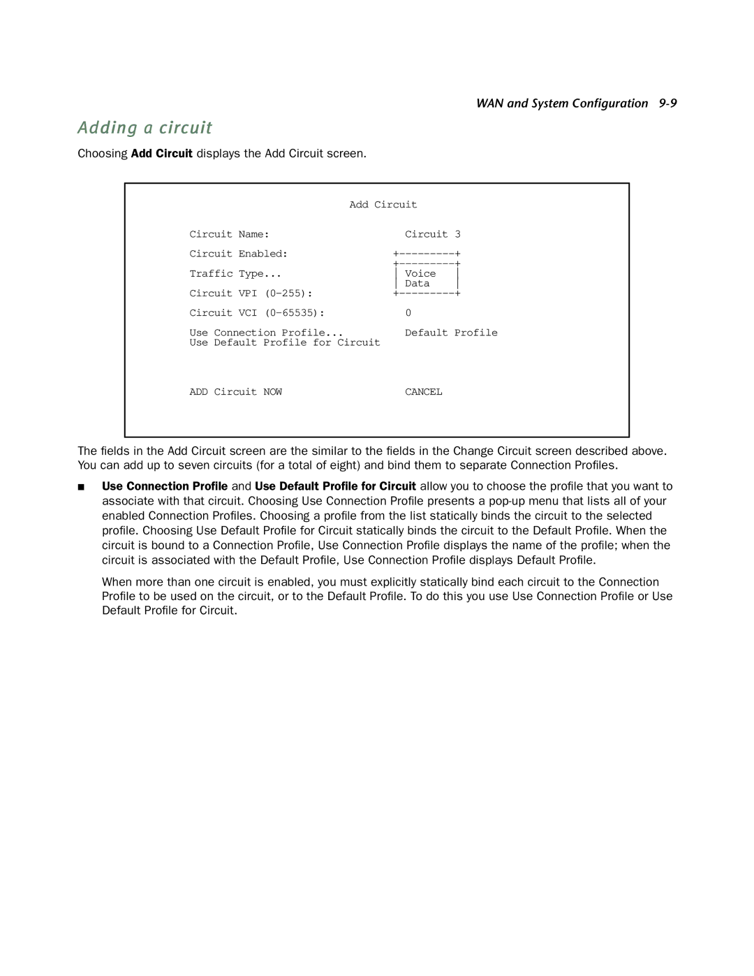 Netopia 4752 manual Adding a circuit, Choosing Add Circuit displays the Add Circuit screen 