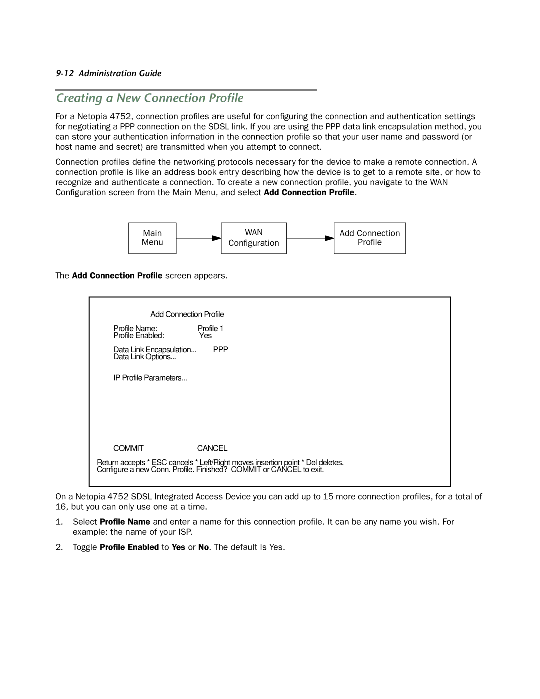 Netopia 4752 manual Creating a New Connection Proﬁle, Commit 