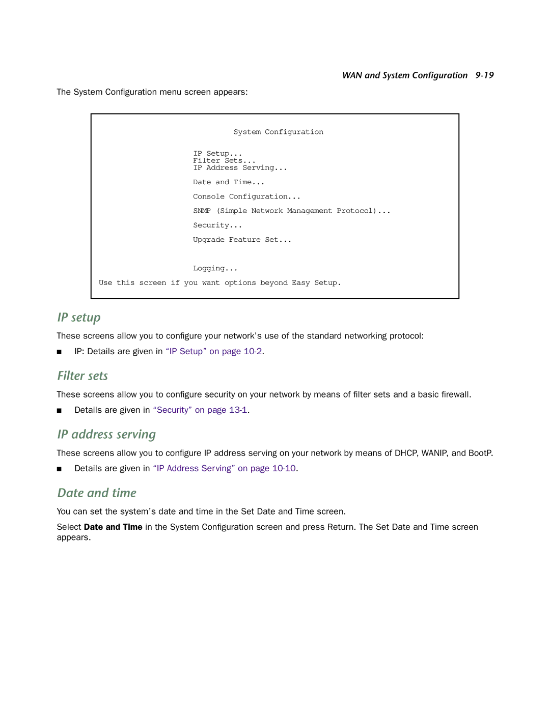 Netopia 4752 manual IP setup, Filter sets, IP address serving, Date and time, System Conﬁguration menu screen appears 