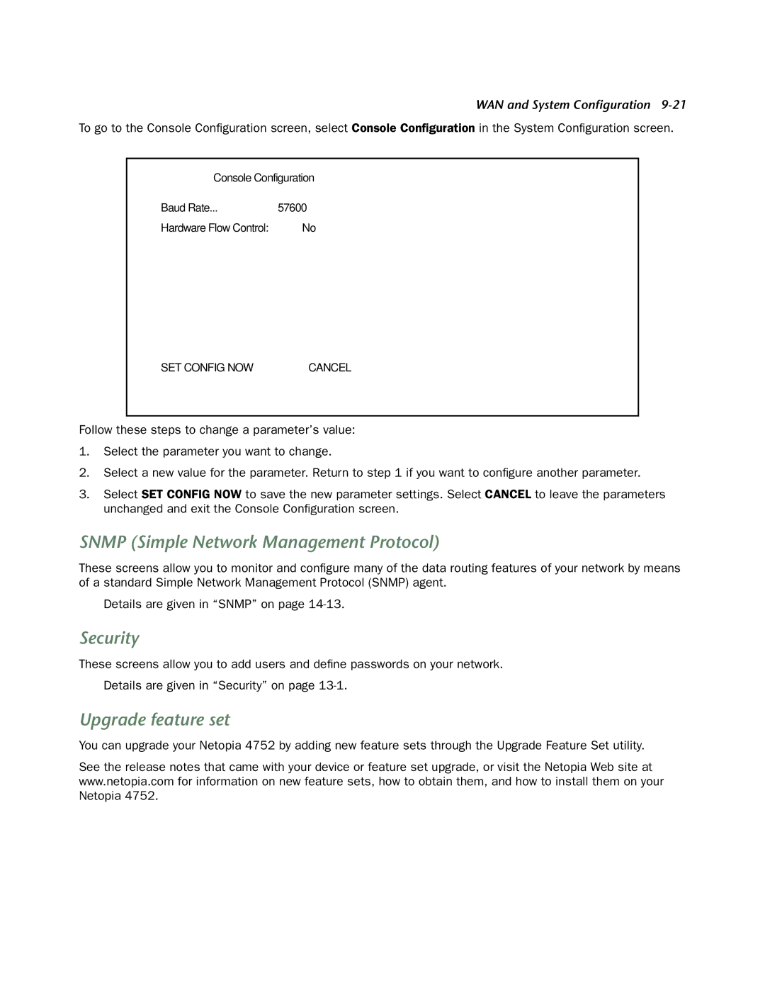 Netopia 4752 manual Snmp Simple Network Management Protocol, Security, Upgrade feature set 