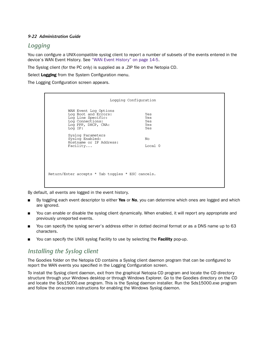 Netopia 4752 manual Logging, Installing the Syslog client 