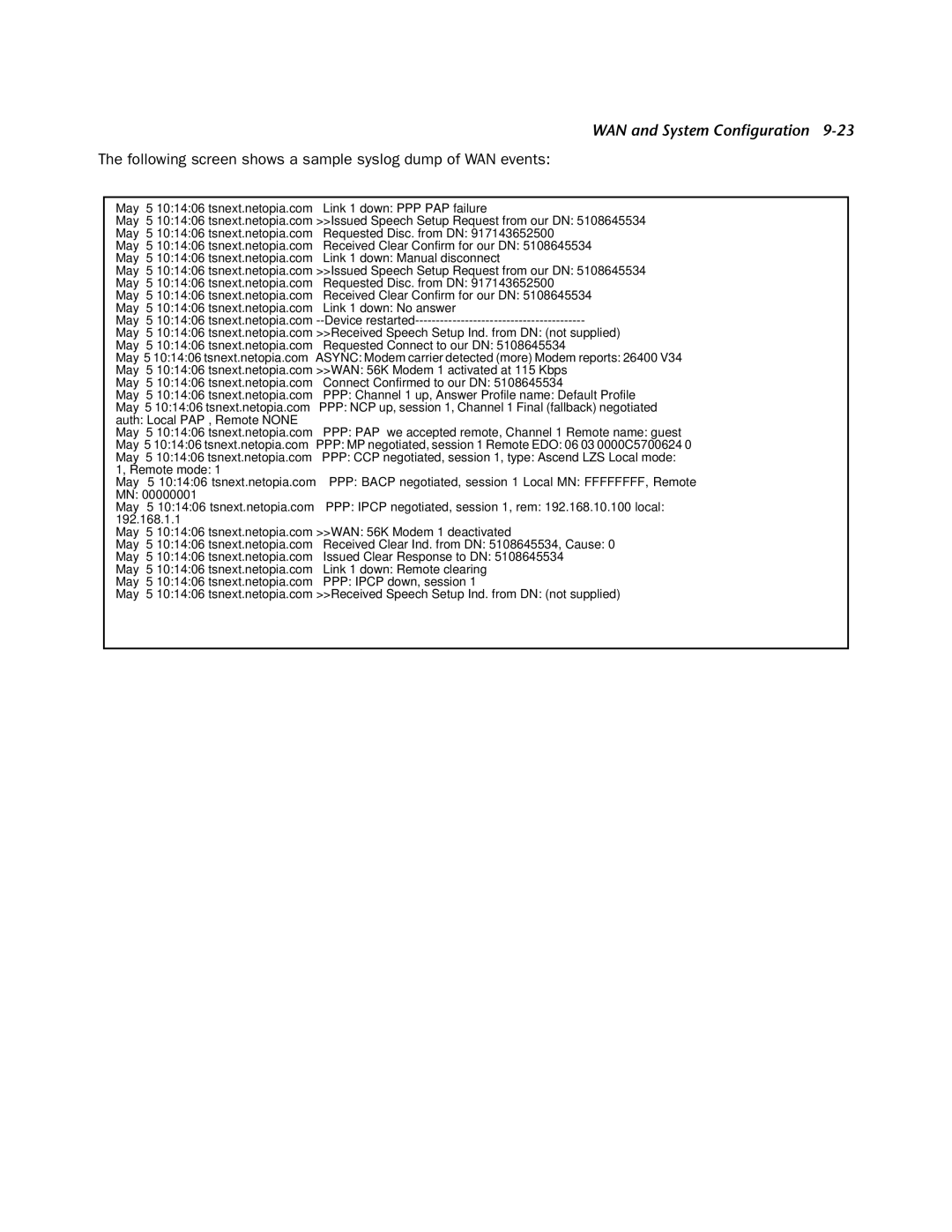 Netopia 4752 manual Following screen shows a sample syslog dump of WAN events, Ppp Pap 