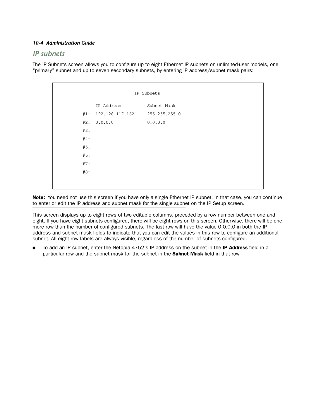 Netopia 4752 manual IP subnets 