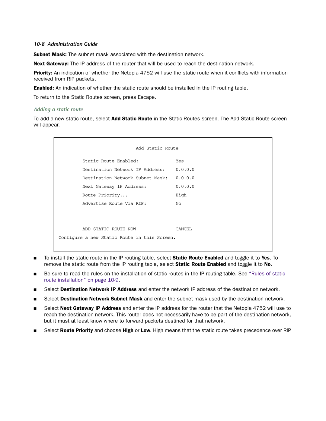 Netopia 4752 manual Adding a static route 