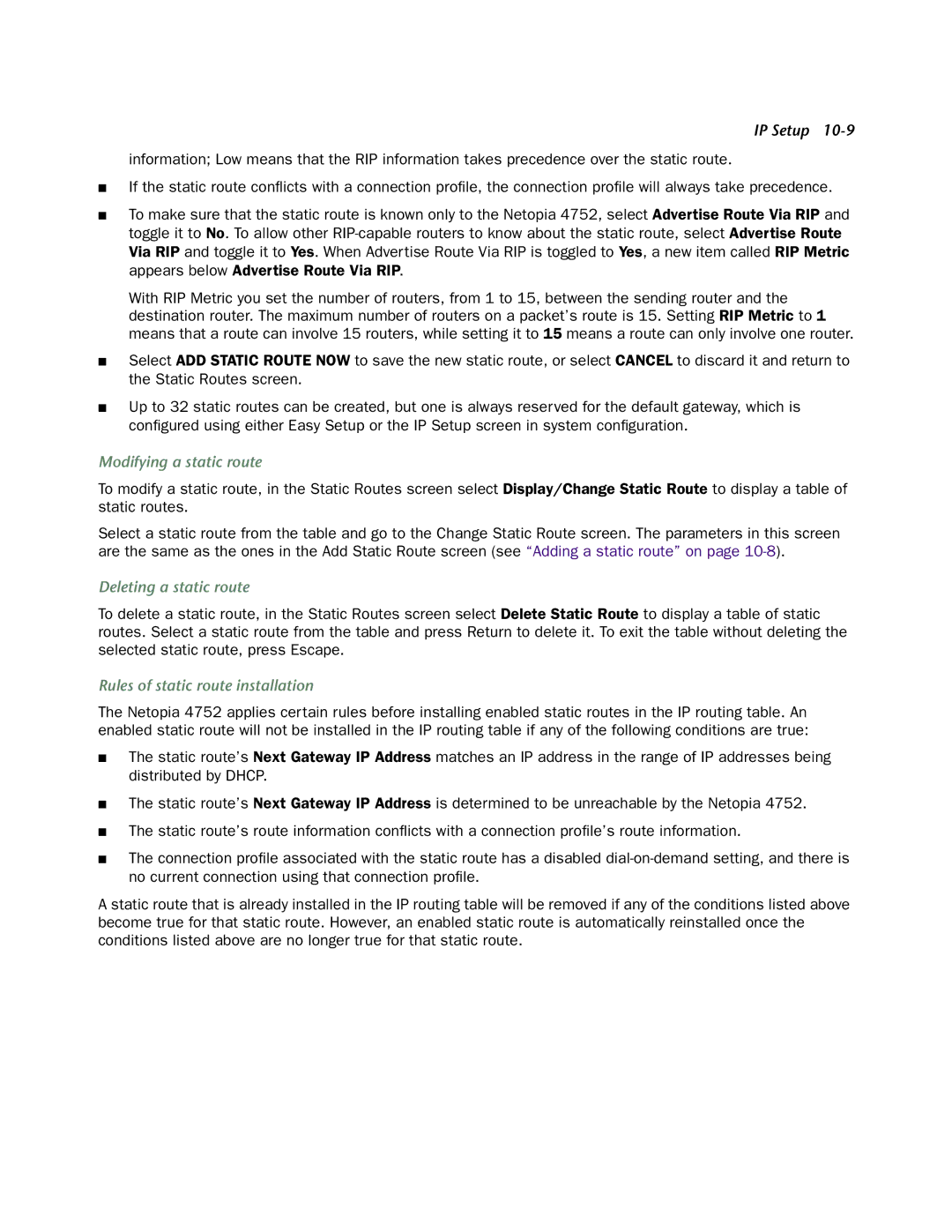 Netopia 4752 manual Modifying a static route, Deleting a static route, Rules of static route installation 