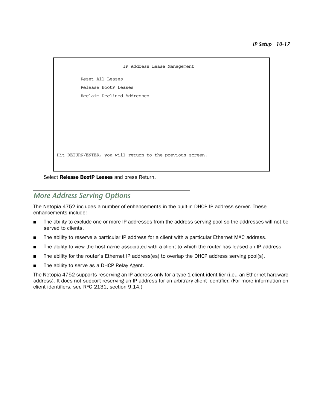 Netopia 4752 manual More Address Serving Options, Select Release BootP Leases and press Return 