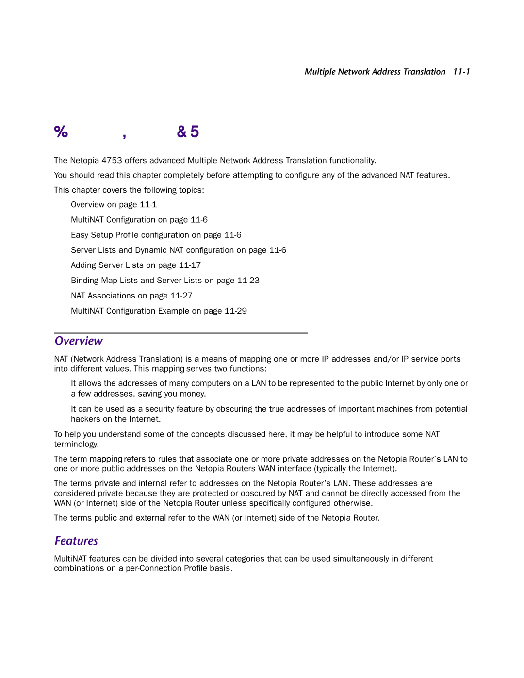 Netopia 4753 manual Chapter Multiple Network Address Translation, Features 