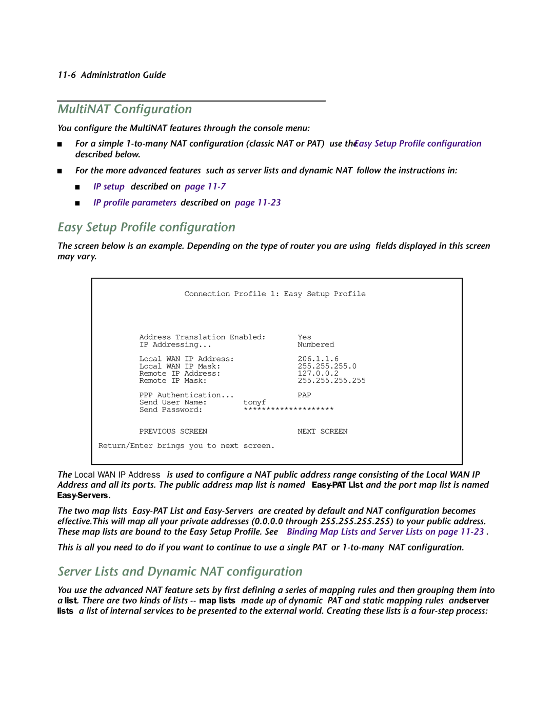 Netopia 4753 manual MultiNAT Conﬁguration, Easy Setup Proﬁle conﬁguration, Server Lists and Dynamic NAT conﬁguration 