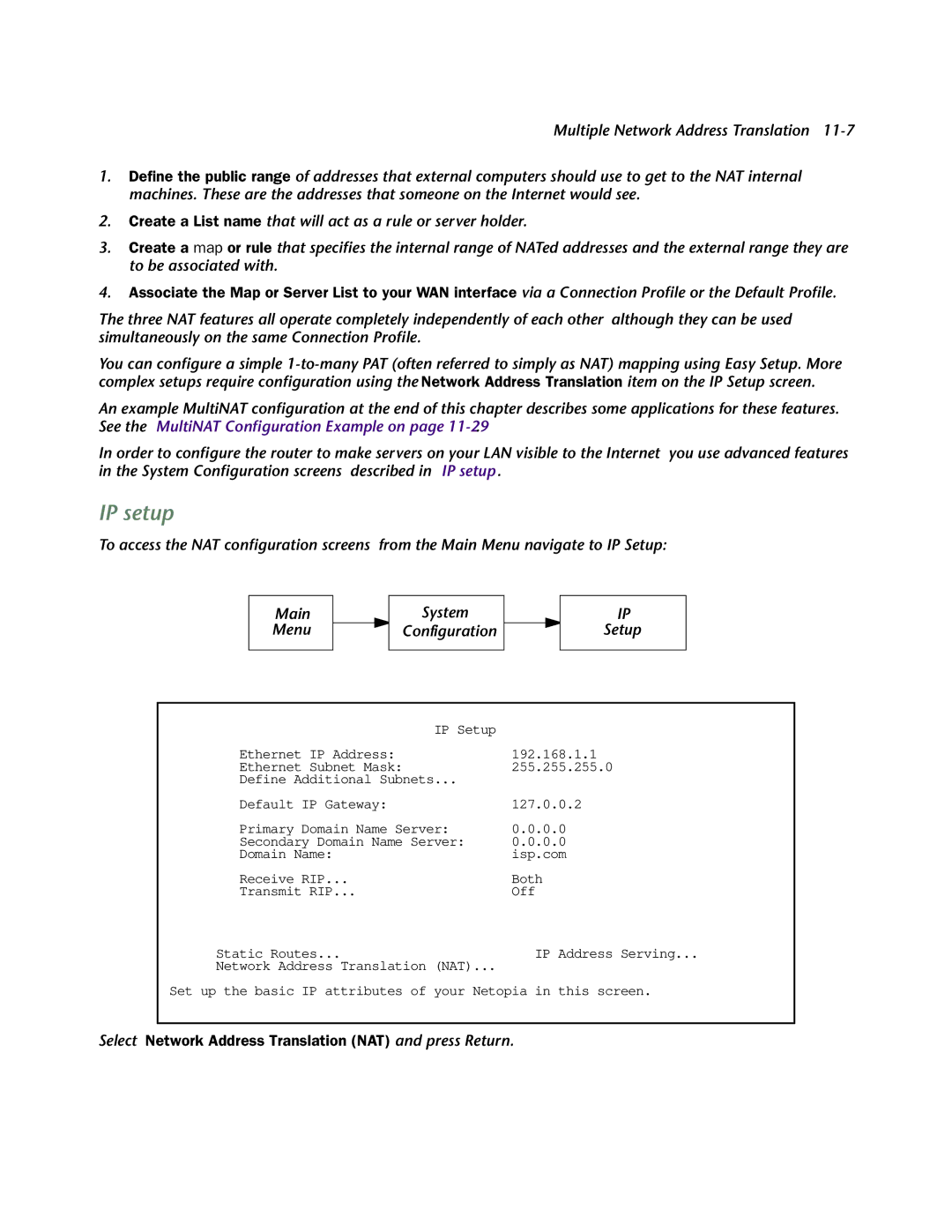 Netopia 4753 manual IP setup, Select Network Address Translation NAT and press Return 