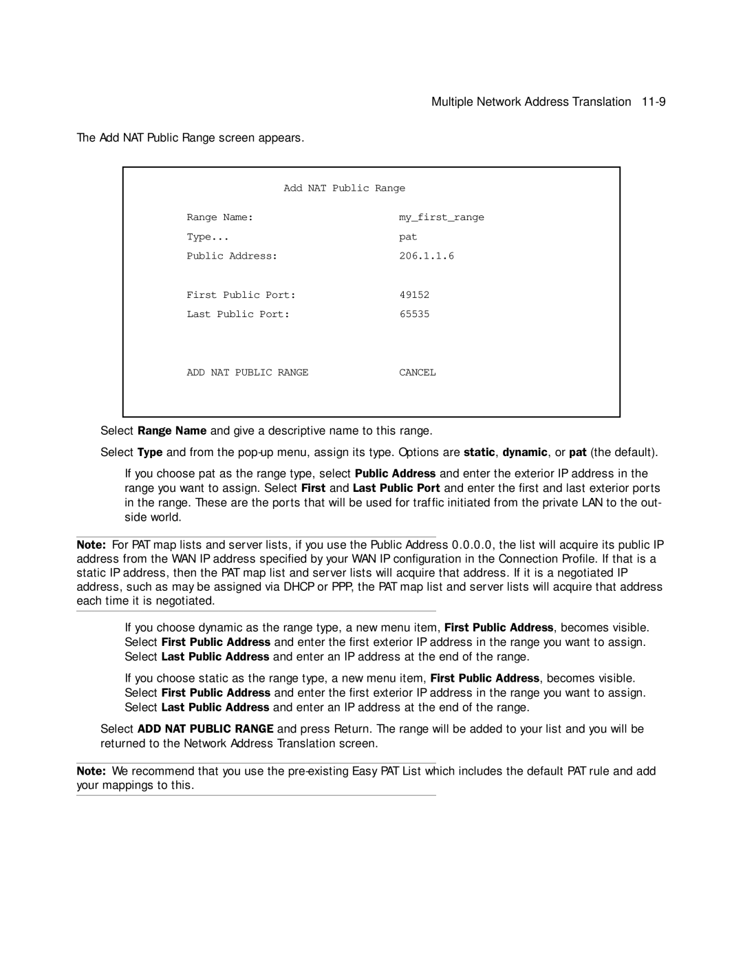 Netopia 4753 manual Add NAT Public Range screen appears 