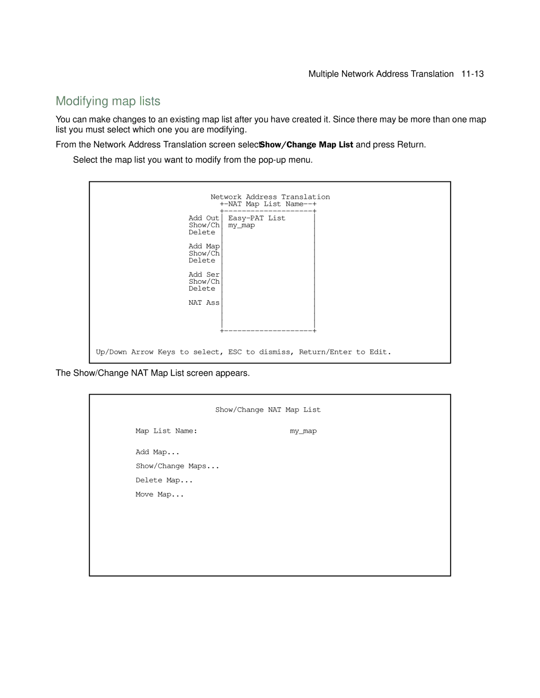 Netopia 4753 manual Modifying map lists, Show/Change NAT Map List screen appears 