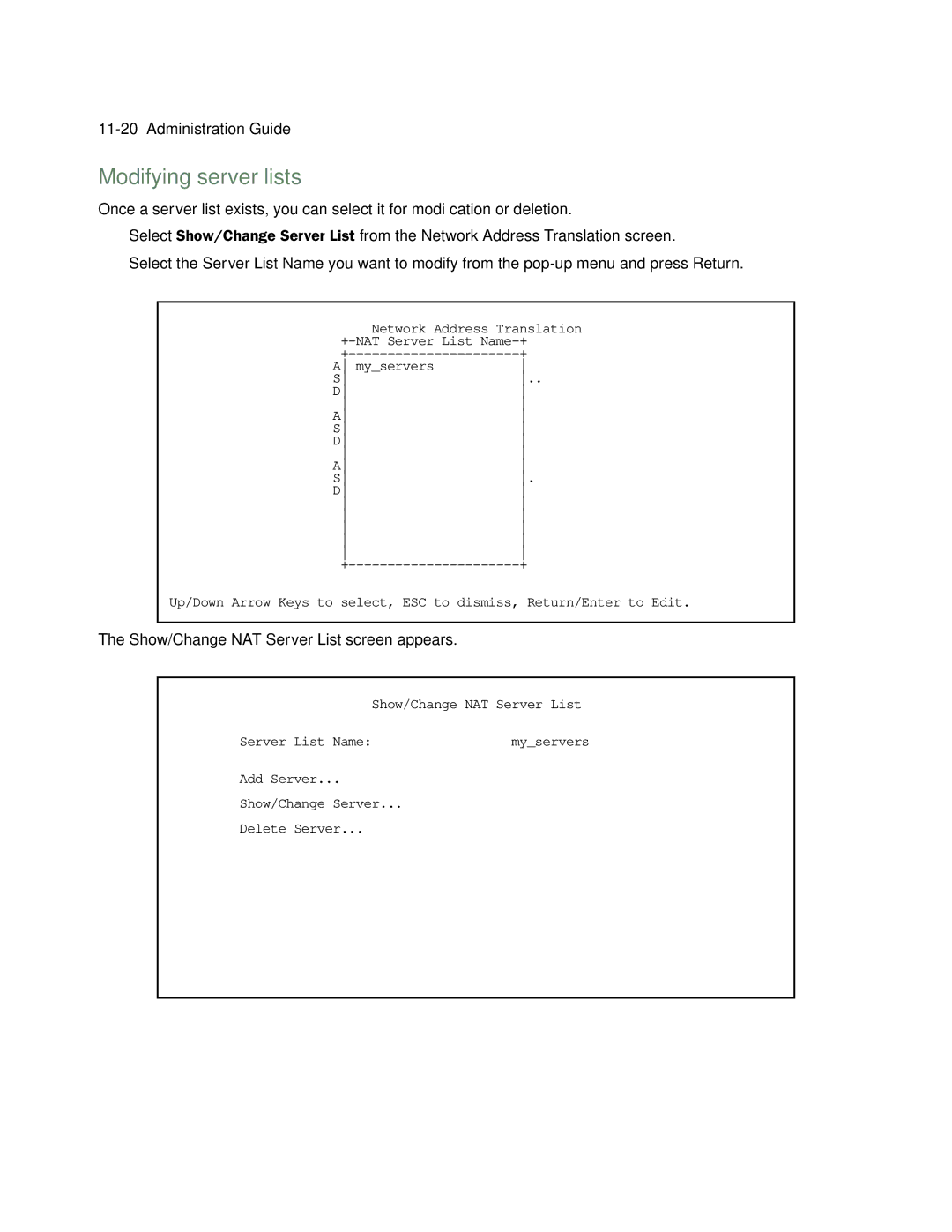 Netopia 4753 manual Modifying server lists, Show/Change NAT Server List screen appears 