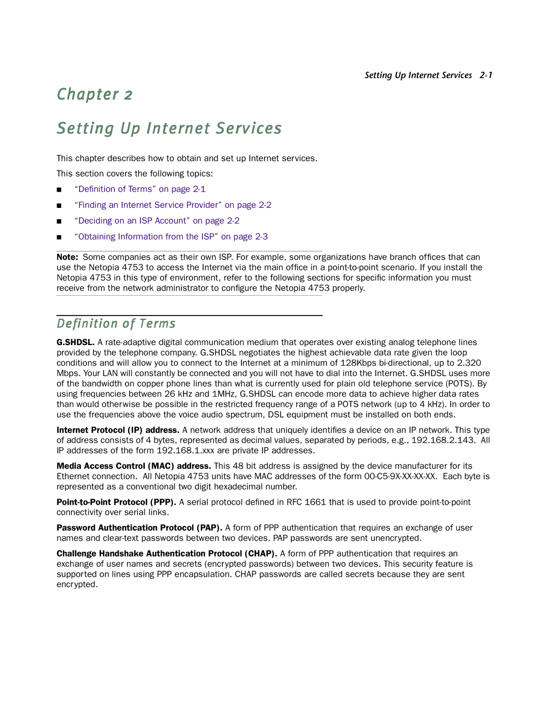 Netopia 4753 manual Chapter Setting Up Internet Services, Definition of Terms 