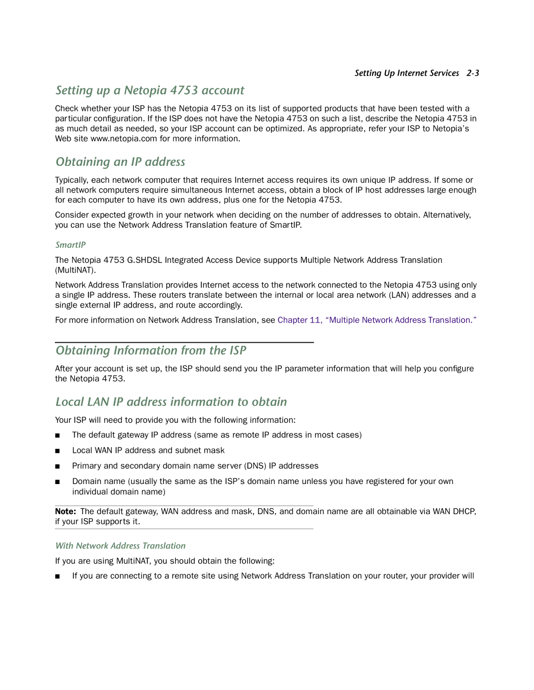 Netopia manual Setting up a Netopia 4753 account Obtaining an IP address, Obtaining Information from the ISP, SmartIP 