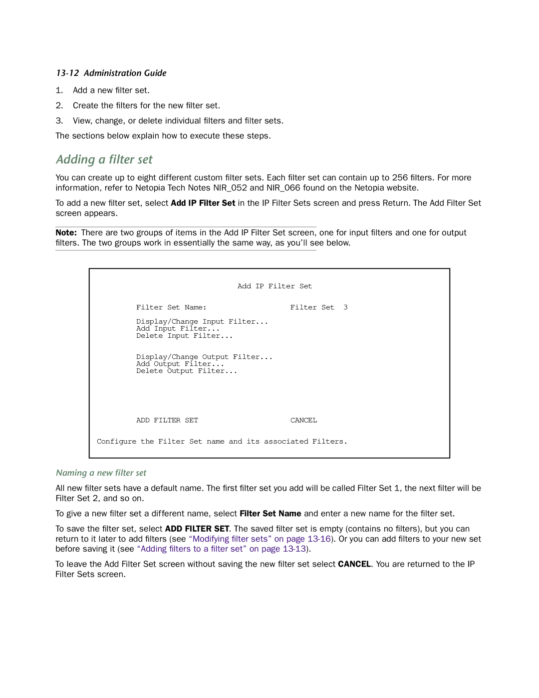 Netopia 4753 manual Adding a ﬁlter set, Naming a new ﬁlter set 