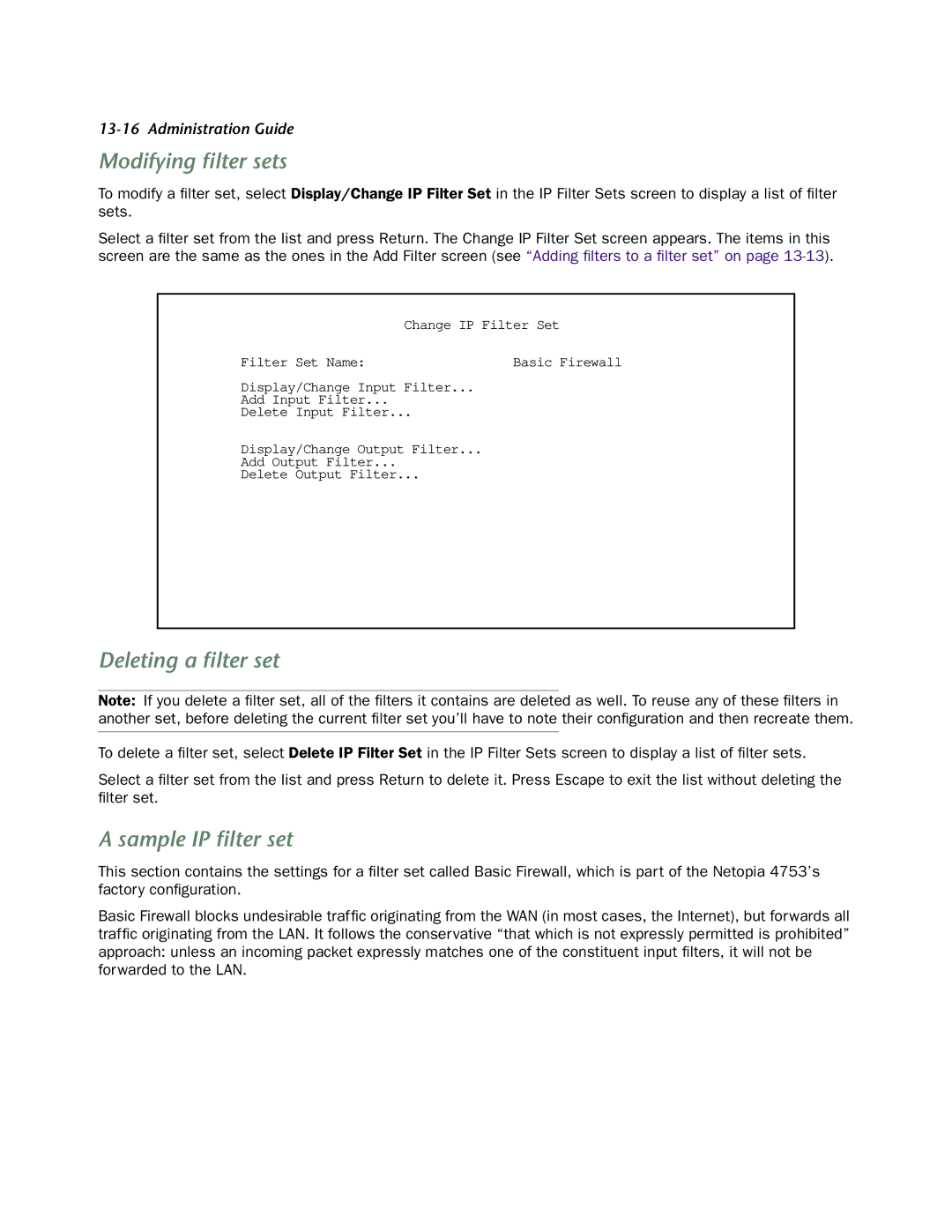 Netopia 4753 manual Modifying ﬁlter sets, Deleting a ﬁlter set, Sample IP ﬁlter set 