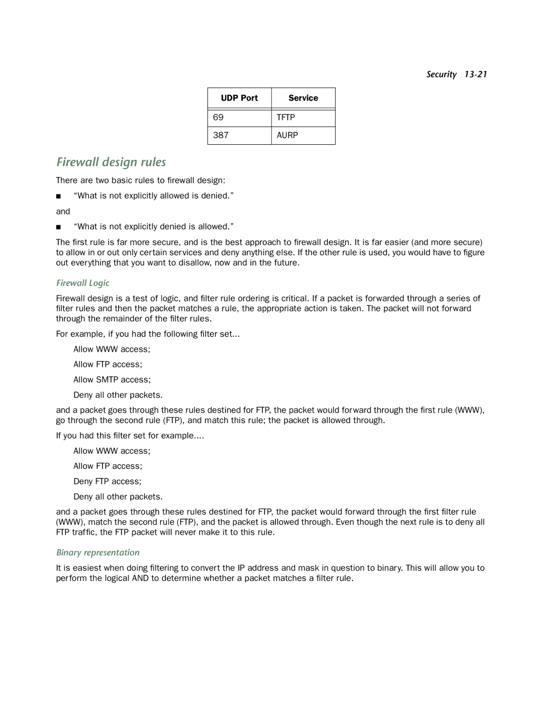 Netopia 4753 manual Firewall design rules, UDP Port Service, Aurp, Firewall Logic, Binary representation 