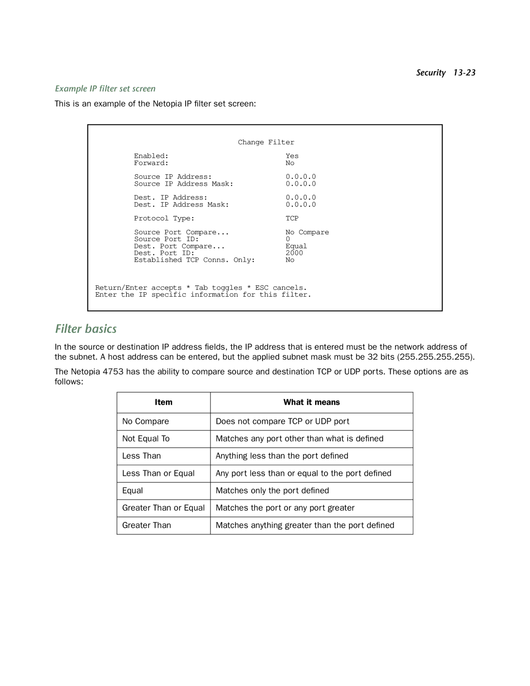 Netopia 4753 manual Filter basics, Example IP ﬁlter set screen, This is an example of the Netopia IP ﬁlter set screen 