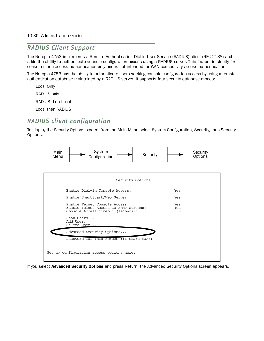 Netopia 4753 manual Radius Client Support, Radius client configuration 