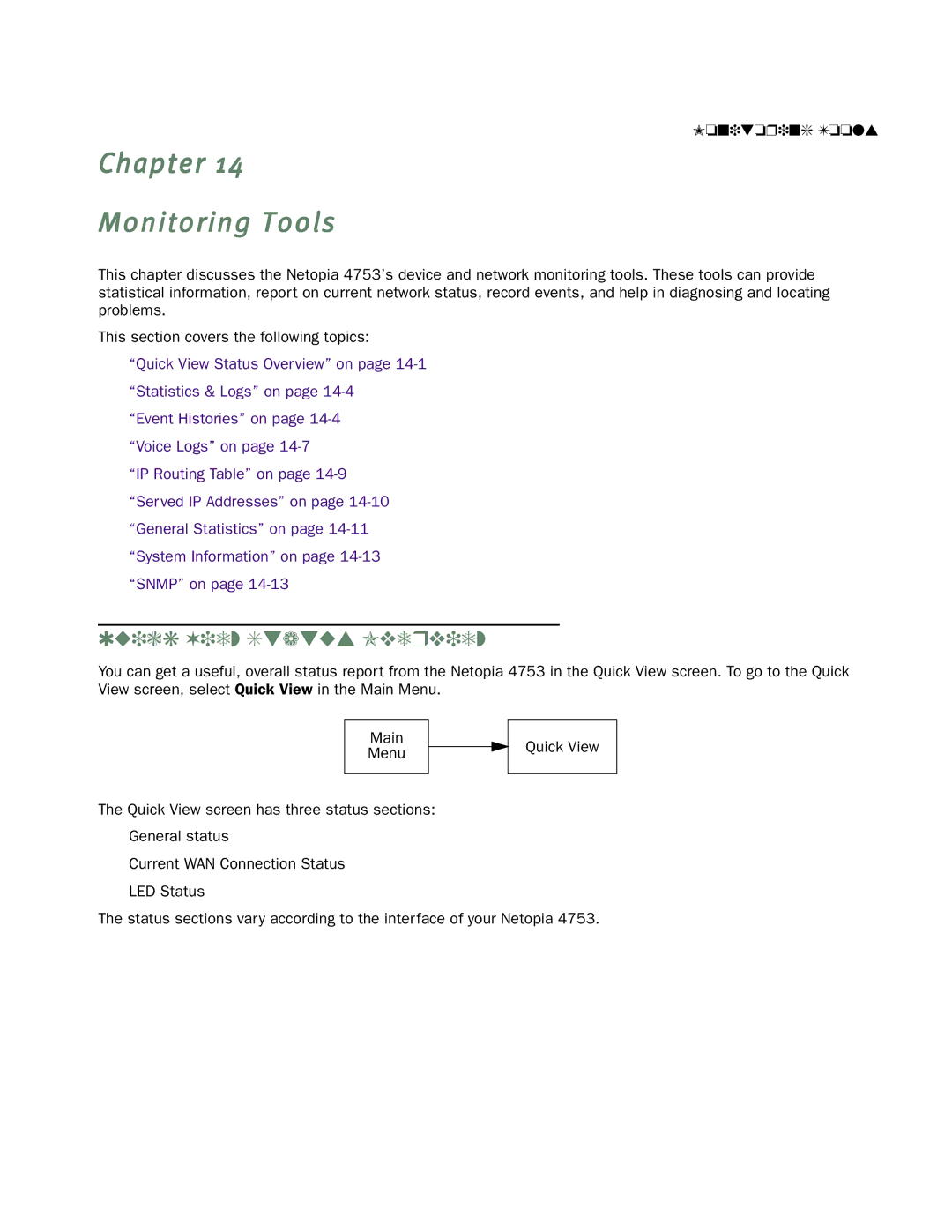 Netopia 4753 manual Chapter Monitoring Tools, Quick View Status Overview 