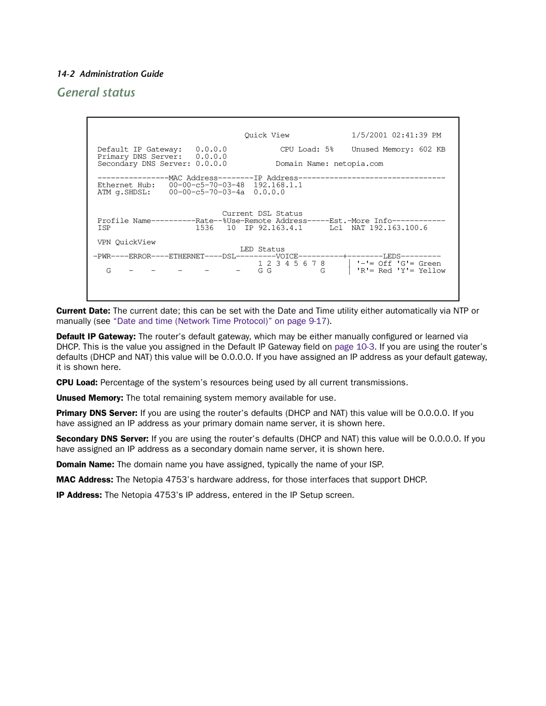 Netopia 4753 manual General status, Isp 