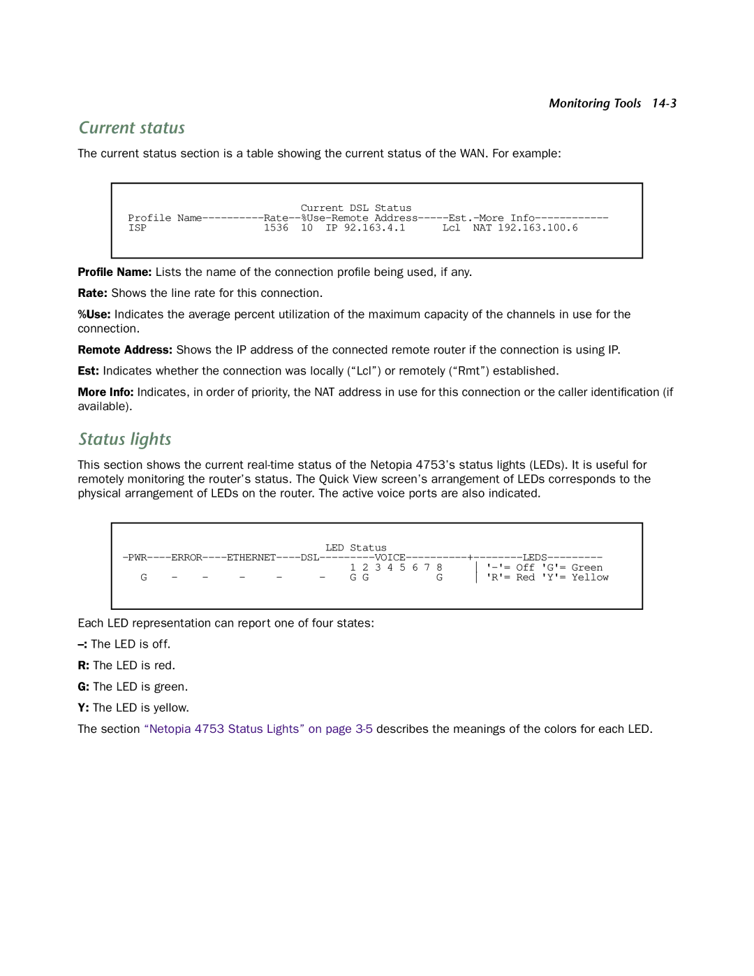 Netopia 4753 manual Current status, Status lights 