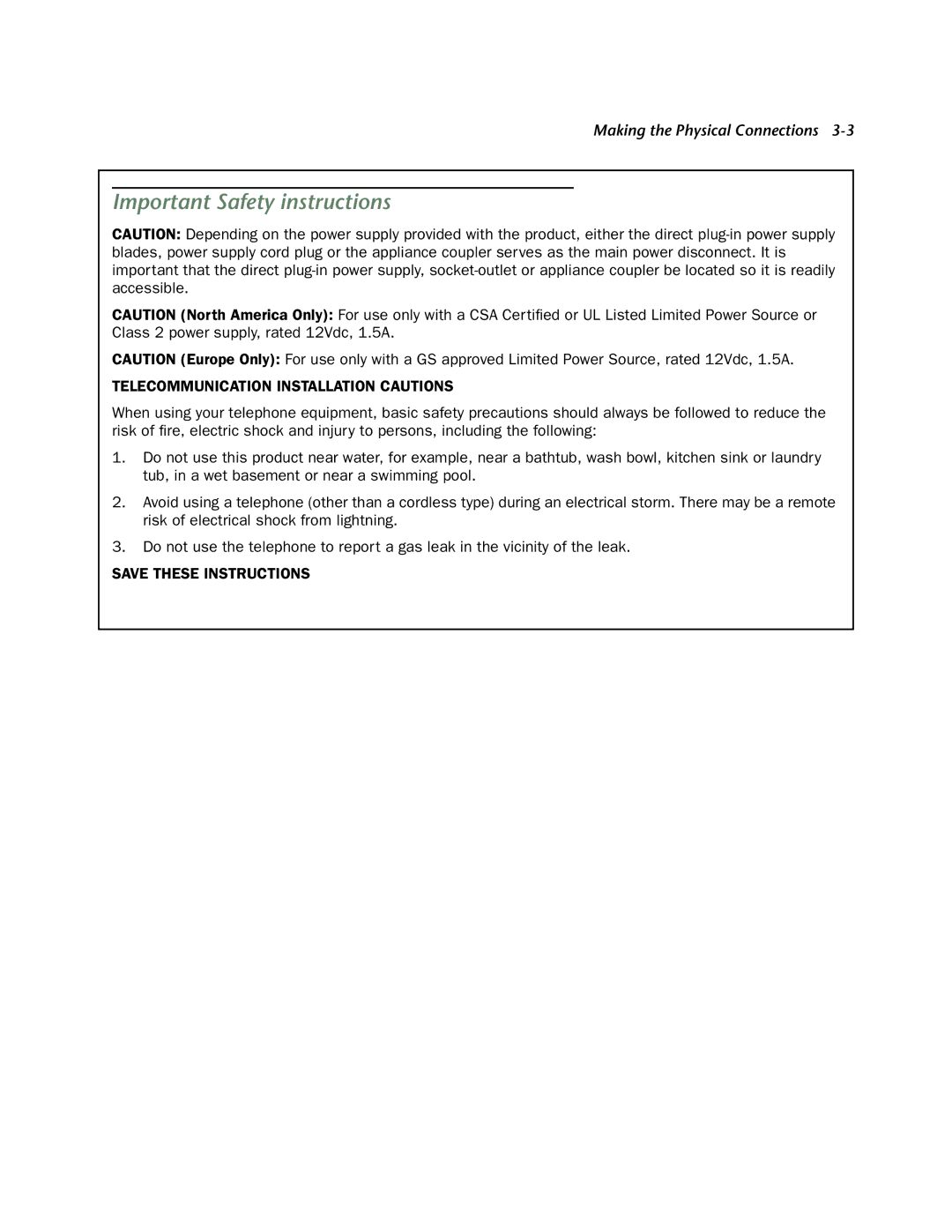 Netopia 4753 manual Important Safety instructions, Telecommunication Installation Cautions 