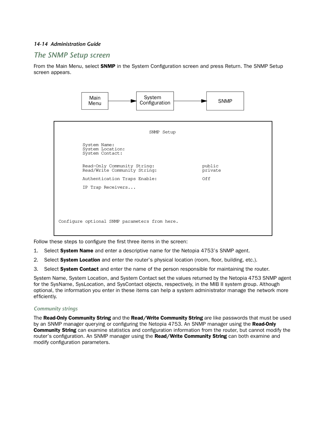 Netopia 4753 manual Snmp Setup screen, Community strings 