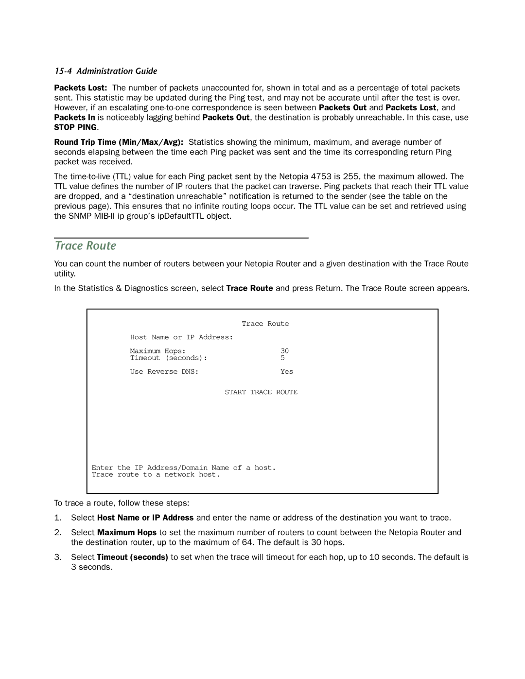 Netopia 4753 manual Trace Route, Stop Ping 