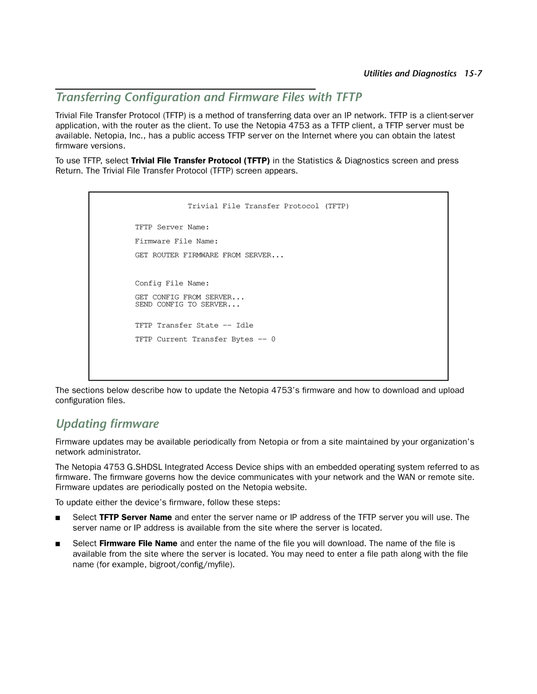 Netopia 4753 manual Transferring Conﬁguration and Firmware Files with Tftp, Updating ﬁrmware 