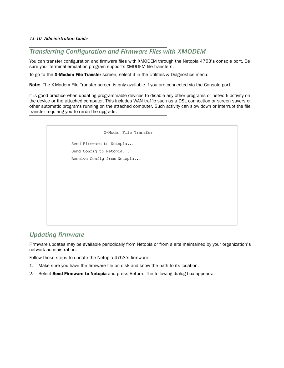 Netopia 4753 manual Transferring Conﬁguration and Firmware Files with Xmodem, Updating ﬁrmware 