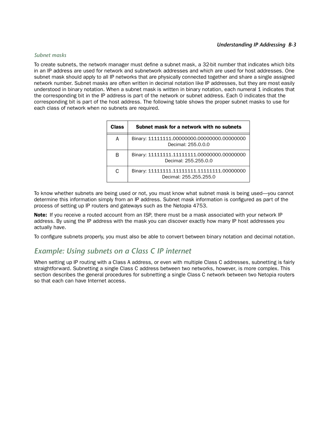 Netopia 4753 manual Example Using subnets on a Class C IP internet, Subnet masks 